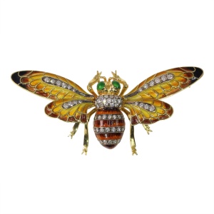 Vintage Bee Brooch-Pendant with Plique--Jour Enamel and Trembling Wings